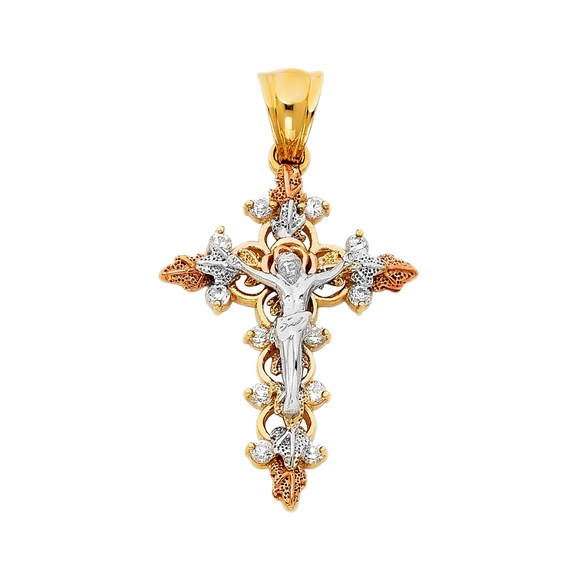 s-l400.jpg 14K Tri Color CZ Religious Crucifix Pendant